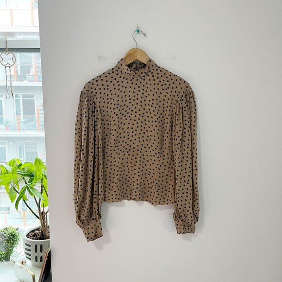 Ganni Tops - Ganni Brown & Black Polka Dot High Neck Long Sleeve Blouse Size 34